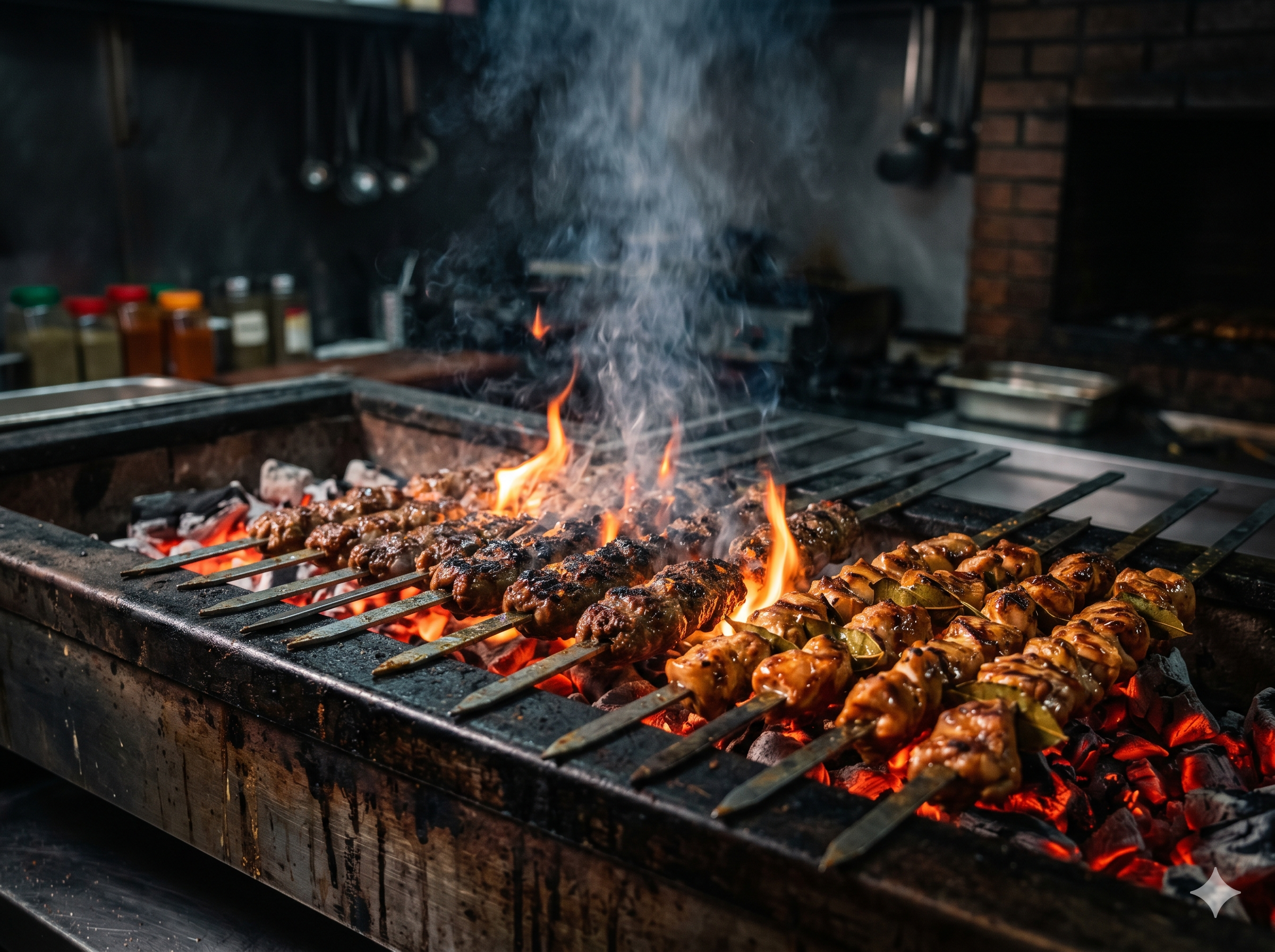 Skewers of lamb and chicken kebabs grilling over flames on a charcoal grill