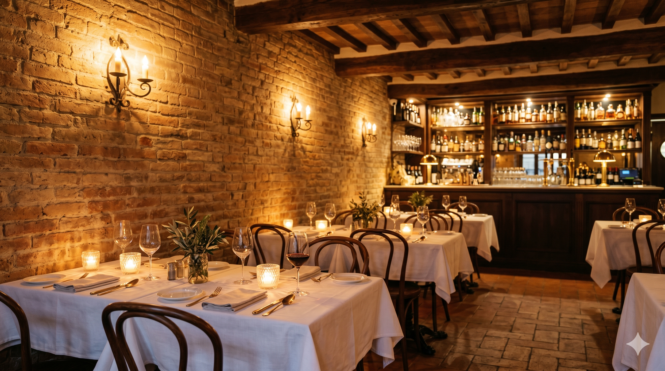 Medusa dining room — candlelit tables with white linen, wine glasses, and a warmly-lit bar of bottles behind