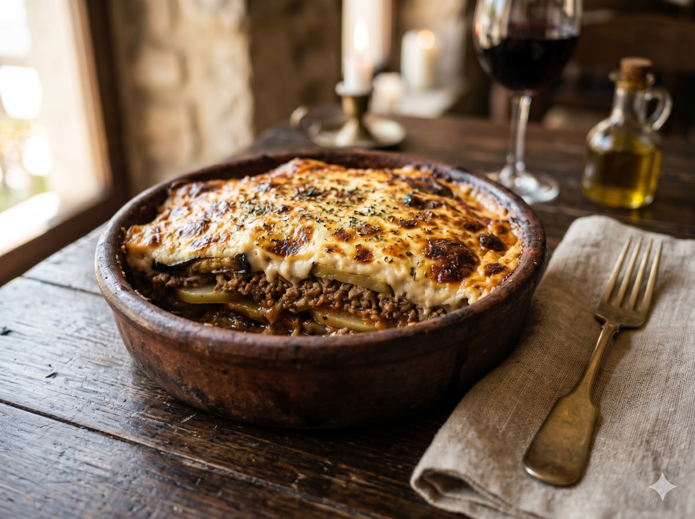 Lamb moussaka in a clay dish, with a glass of red wine and linen napkin